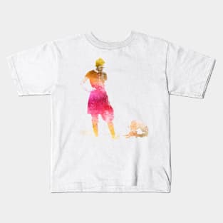 Woman And Dog At The Beach in Sunset Kids T-Shirt